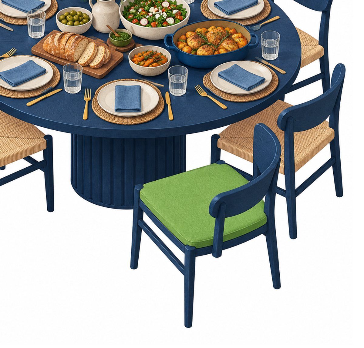 Illustration of a dinner table laid for a meal, with one chair pulled out and a green cushion on its seat
