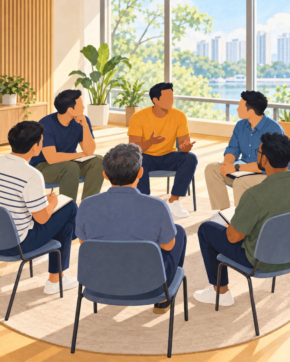 Illustration of dads sitting in a circle at a workshop, one of them talking