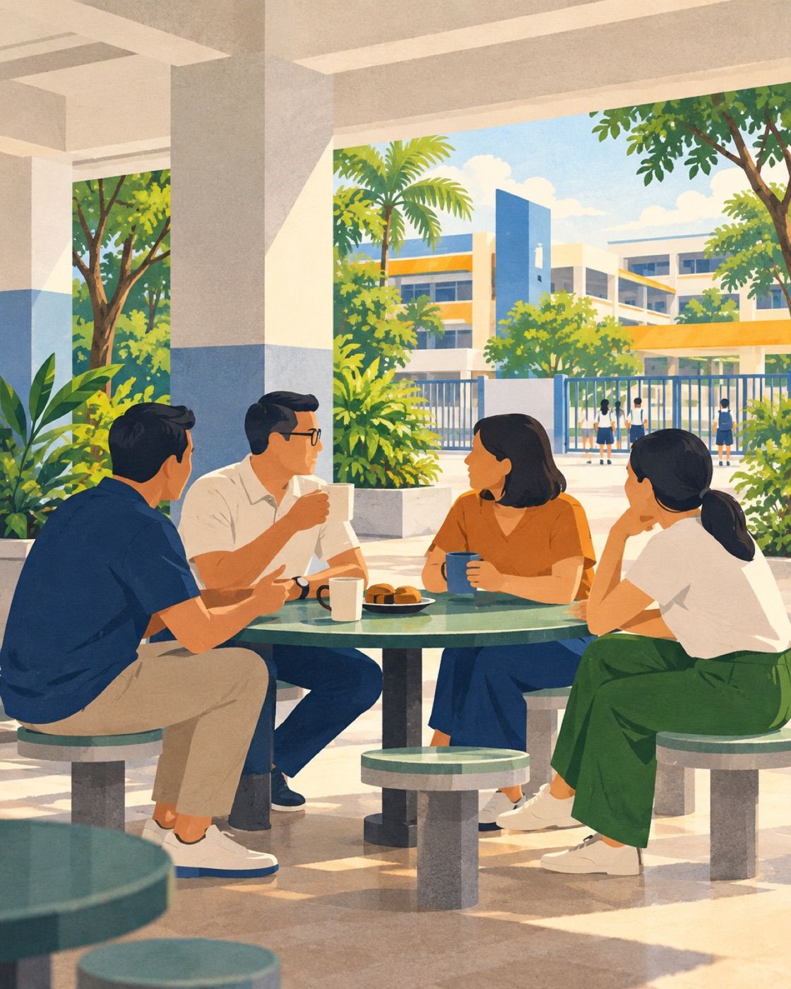Illustration of parents chatting over kopi at a void deck table near a school