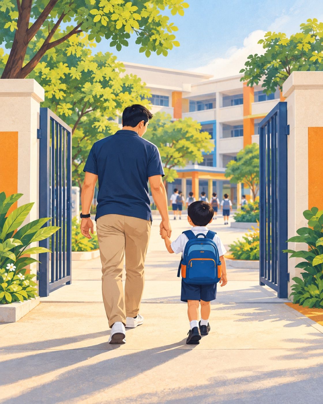 Illustration of a dad walking his child through a school gate, seen from behind