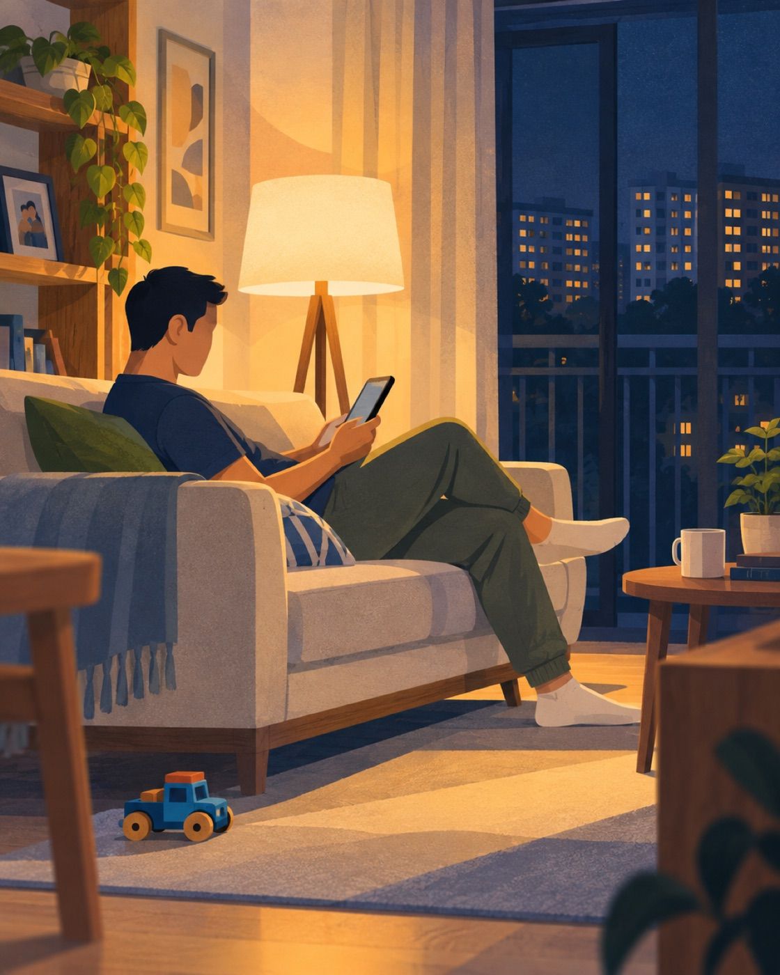 Illustration of a dad reading on his phone on the sofa at night